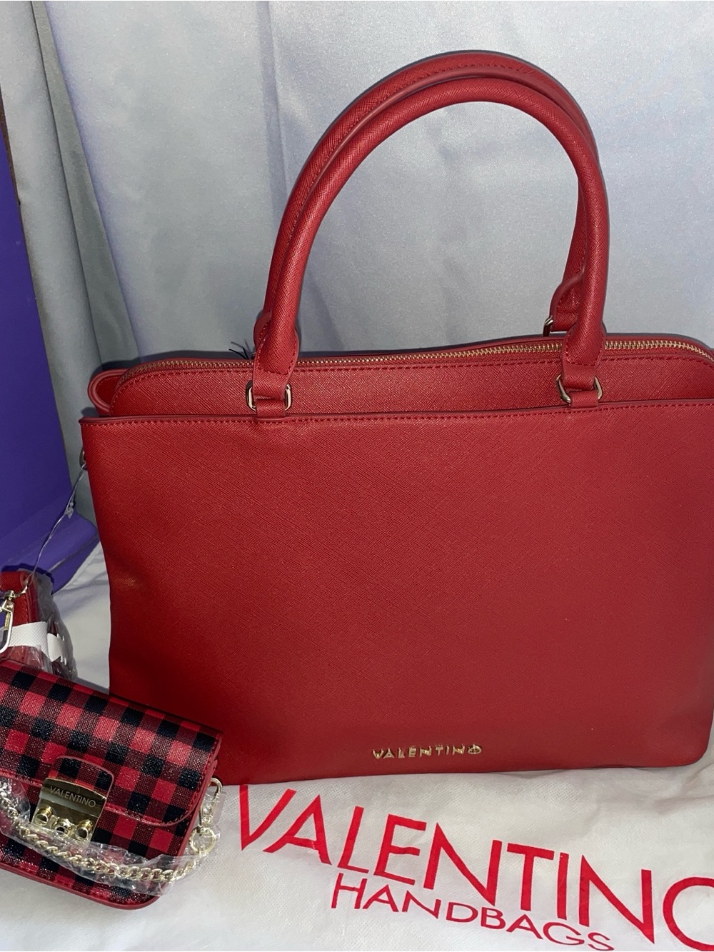 Valentino handbags purse red Leather top Handle Satchel with extra pouch